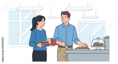 Smiling colleagues chatting while getting lunch in a modern office cafeteria line.