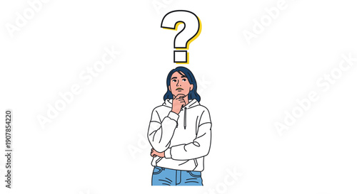 Thoughtful Woman in White Hoodie, Contemplative Pose, Question Mark Above