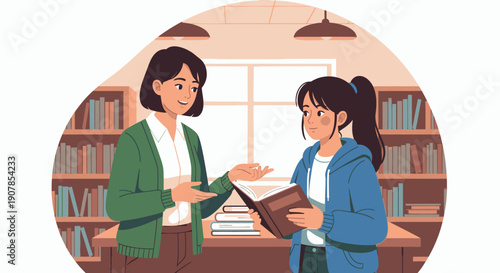 A kind teacher in a green cardigan discussing a book with a young student in a blue hoodie.