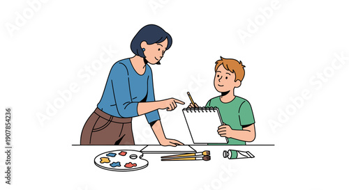 A female art teacher guides a young boy drawing in a sketchbook with art supplies.