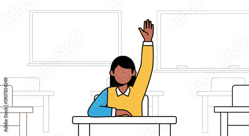 Stylized young woman with dark skin and yellow top raising hand, ready to answer.