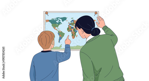 Two People Studying World Map, Pointing and Examining Locations Together.