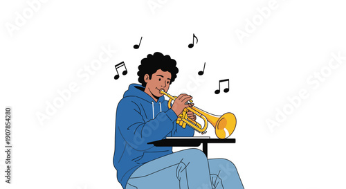 Young Man with Afro Playing Gold Trumpet