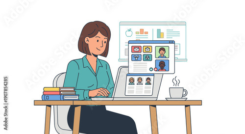 Smiling woman with a brown bob haircut working on a laptop during a video conference call.