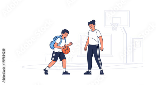 A mother watches her son with a backpack practice dribbling a basketball in a modern flat illustration.