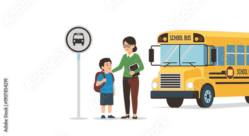 Caring teacher with glasses and a book comforts a young schoolboy at a bus stop next to a yellow school bus.