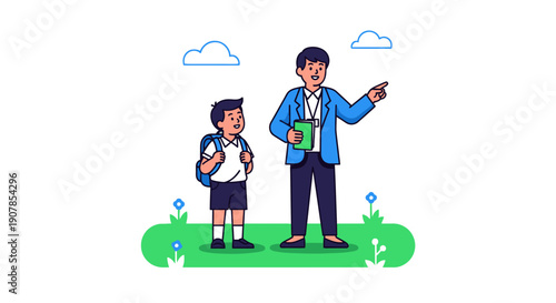 A friendly male teacher in a blue jacket pointing and guiding a young student with a backpack.