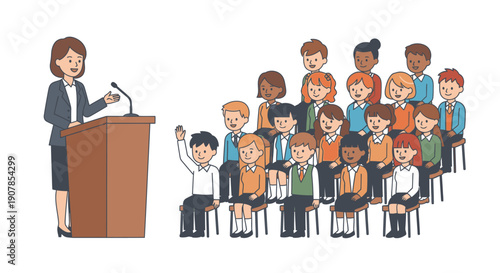 Cartoon woman at podium with audience of diverse students
