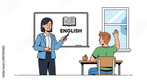 Female teacher giving an English lesson while a male student raises his hand to answer in a classroom illustration.