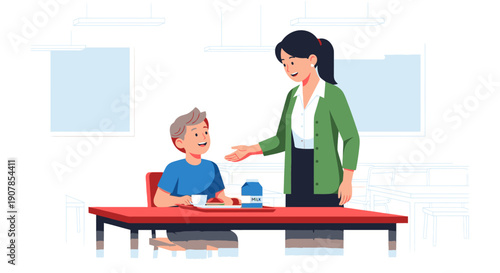 A kind woman in a green jacket smiling and talking to a young boy sitting at a red table for lunch.