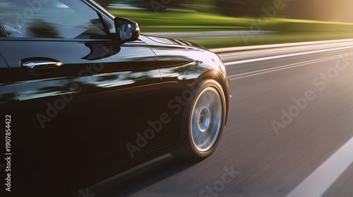 Sleek black car speeds along a sunlit road conveying dynamic energy and modern automotive lifestyle photography