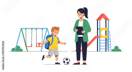 Teacher supervising a young student with a backpack playing soccer in a colorful playground.