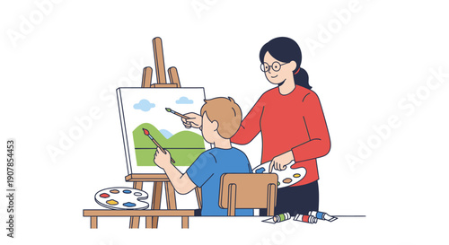 A female art teacher guides a young boy painting a landscape on a canvas with an easel, holding a palette and brush.