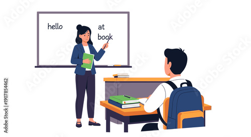 Female teacher in a blue blazer with a pointer teaching a lesson to a student sitting at a desk with a backpack.