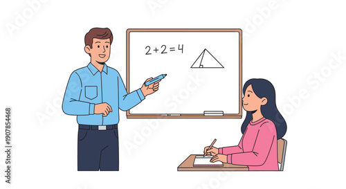Friendly male teacher explaining math on a whiteboard to a female student taking notes.