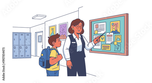 Friendly female teacher with glasses and a vest pointing to a board, guiding a young male student with a blue backpack.