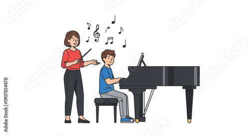 Smiling music teacher guiding boy playing black grand piano, musical notes floating above.