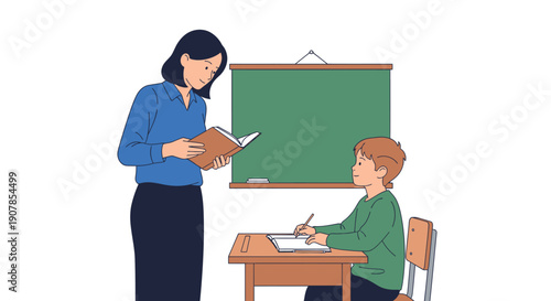 Smiling female teacher reading a brown book to an attentive male student writing at a wooden desk, flat illustration.