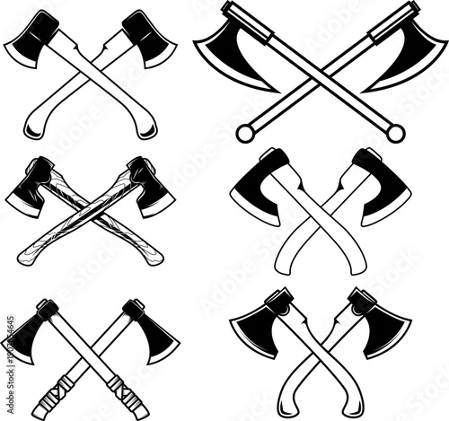 A black and white vector set of crossed axes. This high-contrast collection features various styles including hatchets, battle axes, and tomahawks.