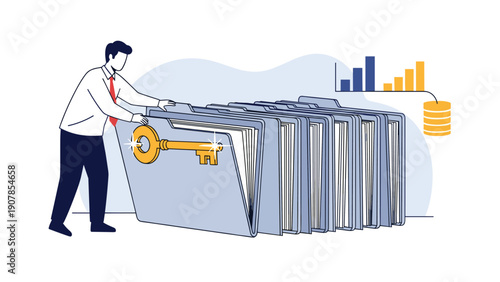 Corporate employee uses a giant golden key to unlock a large file folder next to data charts to represent accessing business information.