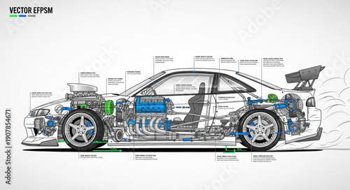 Detailed Blueprint Diagram of a Sports Car Engine and Chassis.