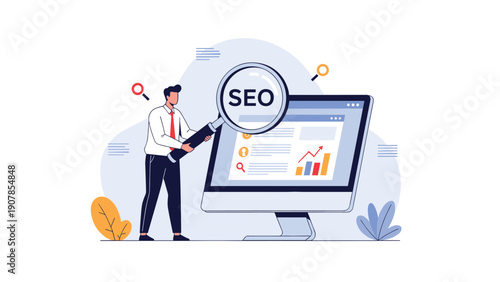 Online marketer uses a large magnifying glass labeled SEO to examine a computer monitor for search engine optimization and data analysis.