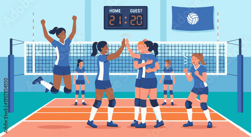 Volleyball Team Celebration
Flat vector illustration of volleyball players celebrating after scoring a point. High-five gesture, team energy. Flat vector style, joyful teamwork scene.