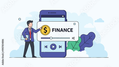 Male professional points to a video player on a smartphone screen that says finance to represent online learning and digital marketing.