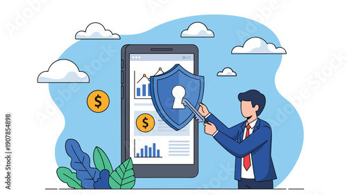 Security expert uses a key to unlock a giant shield on a smartphone showing financial charts for mobile data protection and encryption.