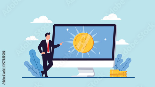 Businessman pointing at a giant gold dollar coin displayed on a computer screen for digital finance and online banking themes.