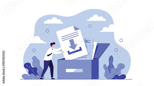 Office worker placing a download document into a blue storage box for digital data archiving and professional organization.