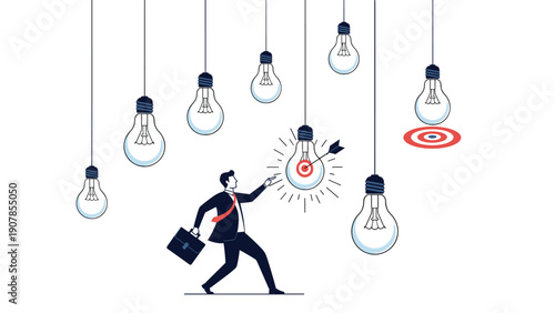 Entrepreneur choosing a bright light bulb with a target icon among many hanging bulbs for innovative ideas and smart strategy.