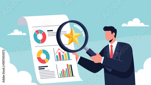 Professional male holding a magnifying glass over a gold star on a financial document with pie and bar charts for evaluation.