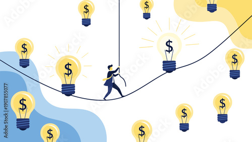 Businessman walking on a tightrope while carrying light bulbs with dollar signs for risky financial investments and balance.