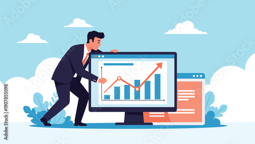 Entrepreneur pushing a bar chart on a computer screen upwards to show growth and positive business trends in a modern office.