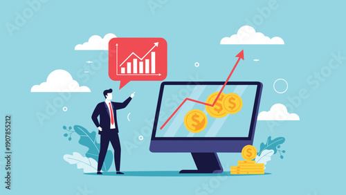 Entrepreneur pointing at a rising growth chart on a computer screen with gold coins for financial prosperity and investment.