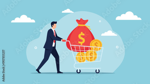 Businessman pushing a shopping cart filled with gold coins and a large sack of money for consumer spending and retail wealth.