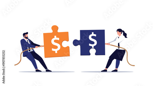Two business people in a tug of war over puzzle pieces with dollar signs for corporate competition and financial struggle.