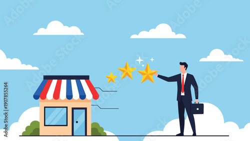 Professional man giving a five star rating to a retail shop building icon to show customer satisfaction levels and feedback.