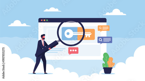 Businessman holding a magnifying glass over a key icon on a website for keyword research and digital security and analysis.
