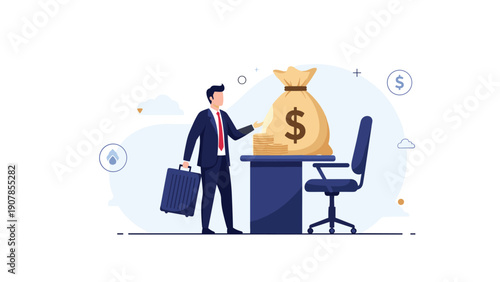 Businessman presenting a large sack of money on a desk for investment opportunities or corporate funding and financial aid.