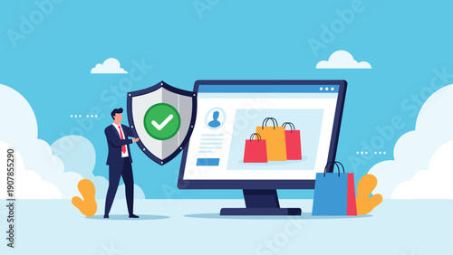 Businessman holding a shield in front of an online store screen for secure e-commerce transactions and digital safety themes.
