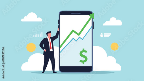 Entrepreneur standing next to a smartphone showing a rising line graph with a dollar sign for mobile growth and investment.