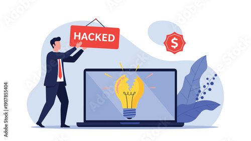 Concerned businessman holding a red hacked sign next to a laptop displaying a broken lightbulb representing failed security measures.