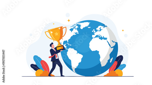 Victorious businessman holding a gold trophy cup standing next to a large globe representing global success and achievement.