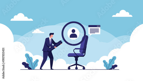 Human resources manager using a magnifying glass to inspect an empty office chair symbolizing recruitment and hiring process.