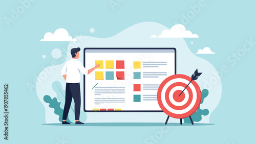 Focused project manager stands in front of a whiteboard with colorful sticky notes and a target symbol for strategic planning.