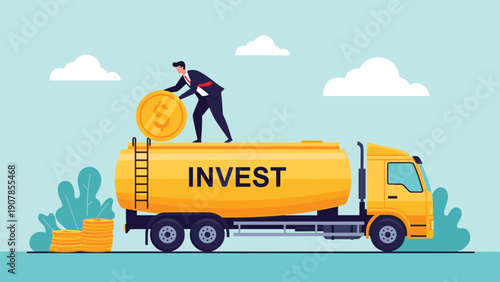 Professional investor puts a large gold coin into a yellow tanker truck labeled invest symbolizing capital injection and growth.