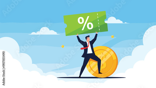 Excited businessman holding a green discount coupon while standing on top of a giant golden dollar coin in the clouds.