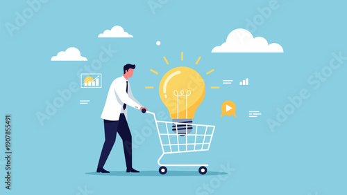 Innovative businessman pushing a shopping cart containing a giant glowing lightbulb representing the purchase of new ideas.